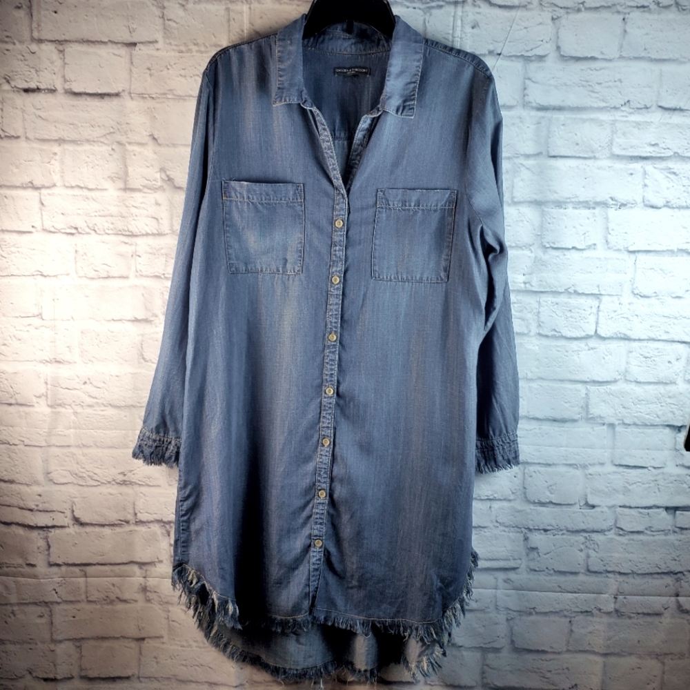 Chelsea & Theodore Dresses Button Front L/S Chambray Shirt Dress, 1X, Blue